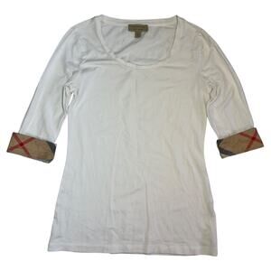 Burberry XS White Scoop Neck Knit T-Shirt Nova Check Cuffs 3/4 Sleeve Shirt